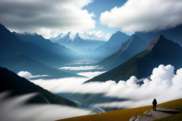 青い空と白い雲の下の山の峰自然の風景の壁紙の背景写真