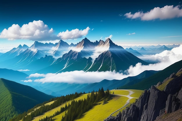 Mountain peaks under blue sky and white clouds natural scenery wallpaper background photography