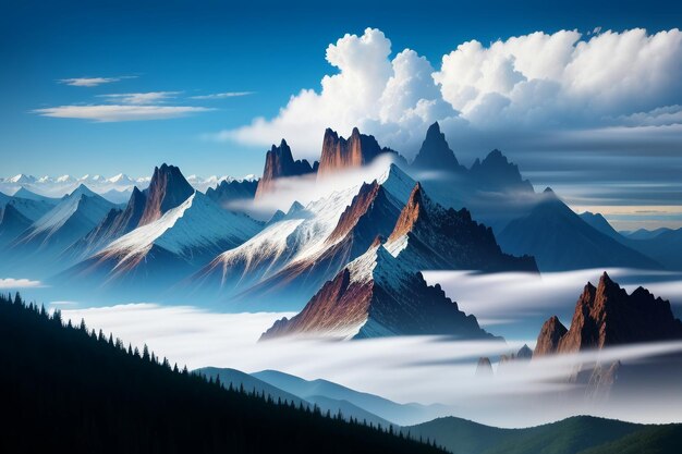 Mountain peaks under blue sky and white clouds natural scenery wallpaper background photography