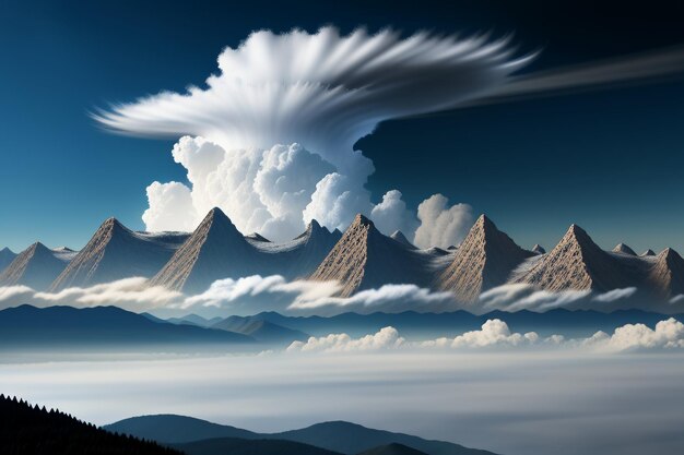 青い空と白い雲の下の山の峰自然の風景の壁紙の背景写真