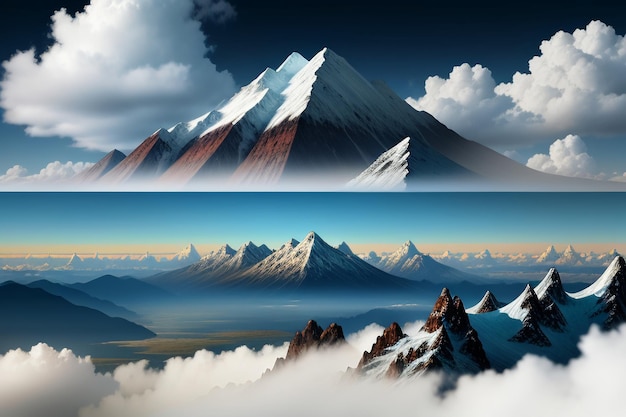 Mountain peaks under blue sky and white clouds natural scenery wallpaper background photography