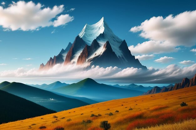 Mountain peaks under blue sky and white clouds natural scenery wallpaper background photography