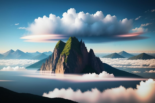 青い空と白い雲の下の山の峰自然の風景の壁紙の背景写真