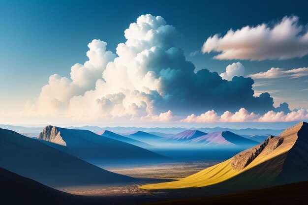 青い空と白い雲の下の山の峰自然の風景の壁紙の背景写真