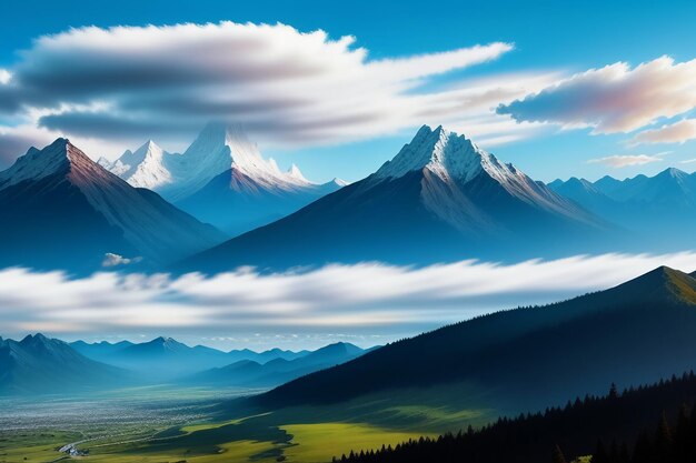 Mountain peaks under blue sky and white clouds natural scenery wallpaper background photography