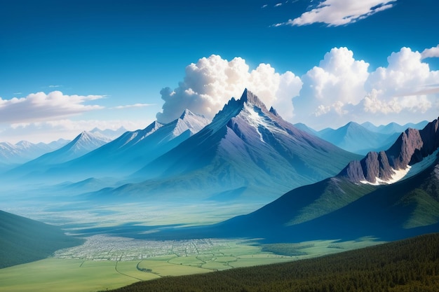 Mountain peaks under blue sky and white clouds natural scenery wallpaper background photography