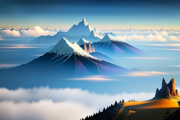 青い空と白い雲の下の山頂 自然の風景 壁紙の背景写真