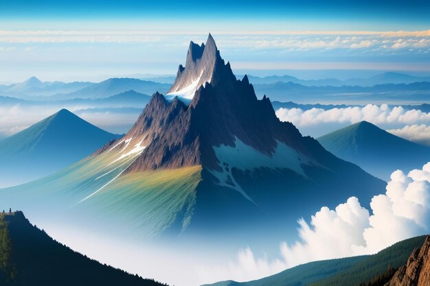 青い空と白い雲の下の山頂 自然の風景 壁紙の背景写真