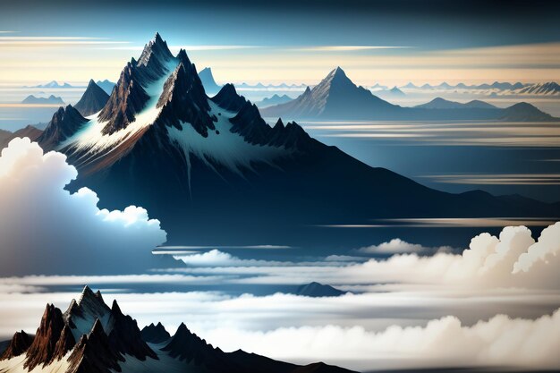 Mountain peaks under blue sky and white clouds natural scenery wallpaper background photography