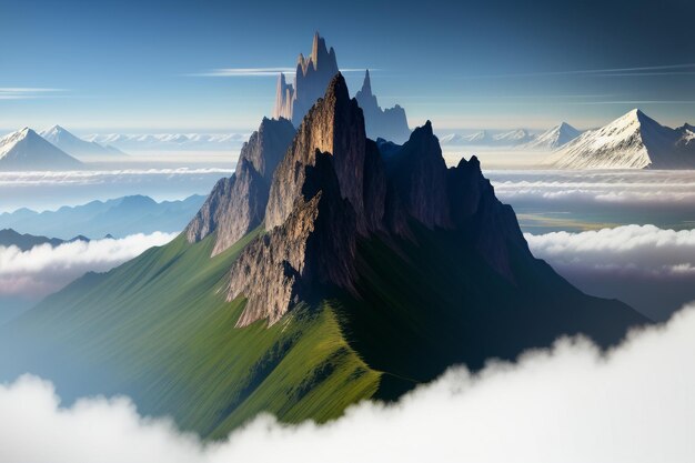 Mountain peaks under blue sky and white clouds natural scenery wallpaper background photography