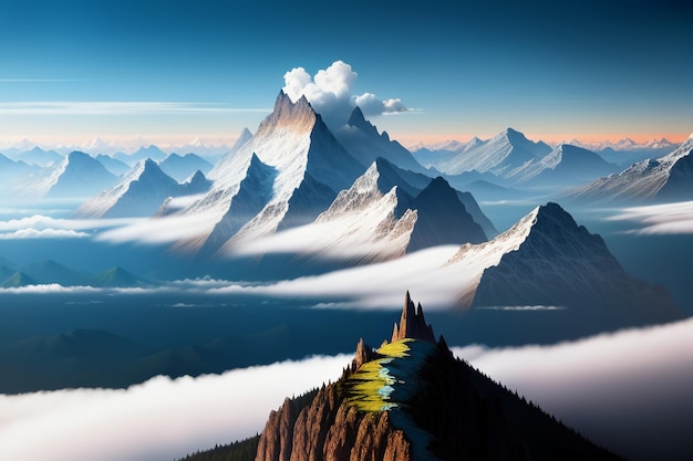 푸른 하늘과  구름 아래의 산꼭대기 자연 풍경 벽지 배경 사진