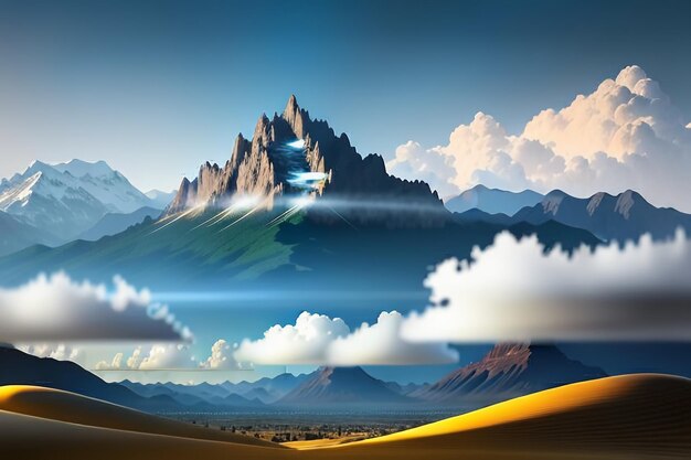 푸른 하늘과 흰 구름 아래 산봉우리 자연 풍경 벽지 배경 사진