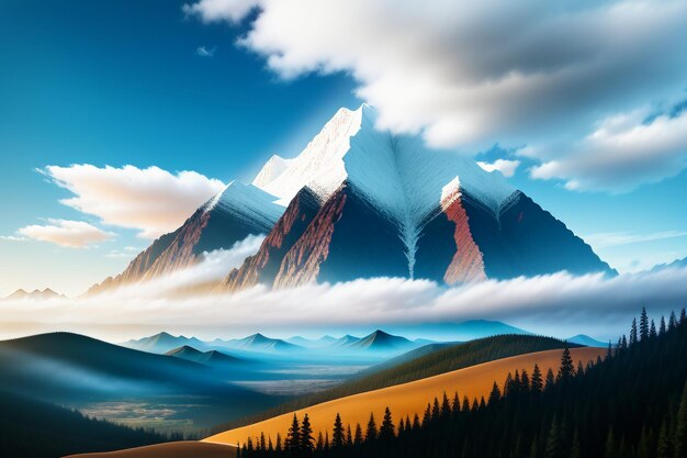 Mountain peaks under blue sky and white clouds natural scenery wallpaper background photography