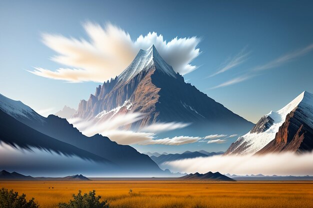 Mountain peaks under blue sky and white clouds natural scenery wallpaper background photography