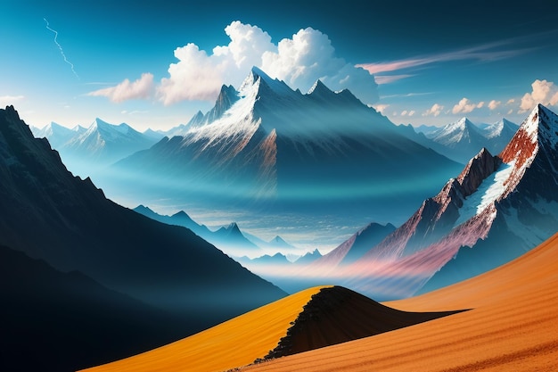青い空と白い雲の下の山の峰自然の風景の壁紙の背景写真