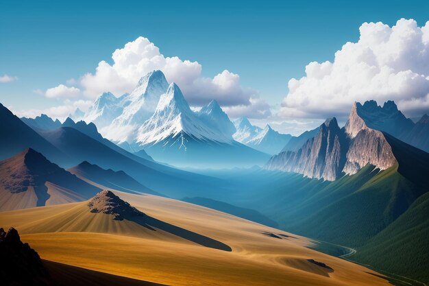 Mountain peaks under blue sky and white clouds natural scenery wallpaper background photography