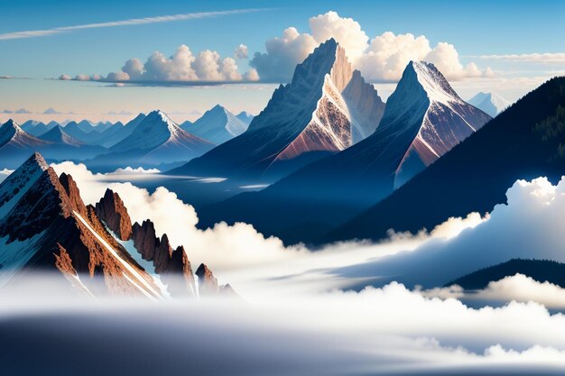 Mountain peaks under blue sky and white clouds natural scenery wallpaper background photography