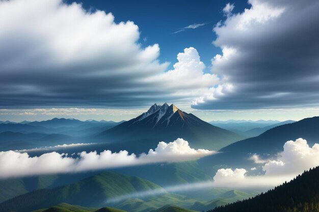 青い空と白い雲の下の山の峰自然の風景の壁紙の背景写真