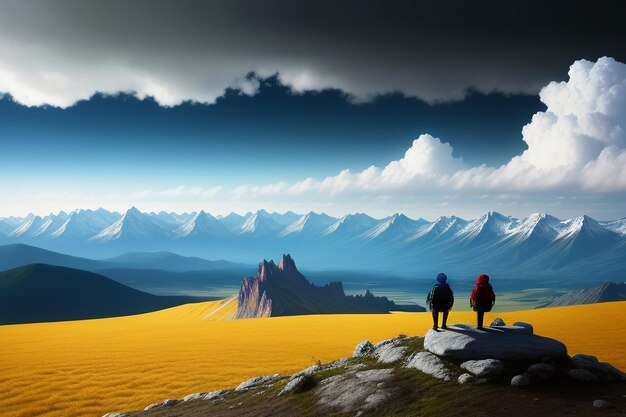 Mountain peaks under blue sky and white clouds natural scenery wallpaper background photography