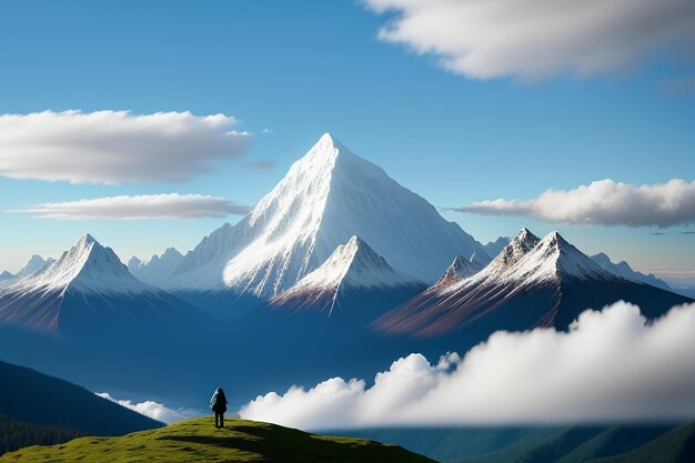 Mountain peaks under blue sky and white clouds natural scenery wallpaper background photography