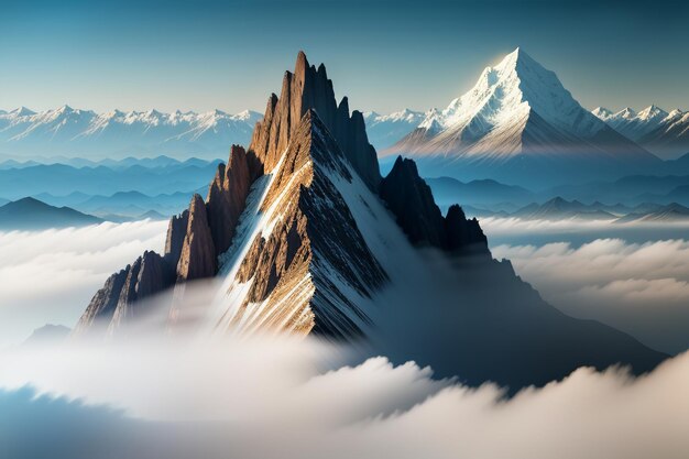 Mountain peaks under blue sky and white clouds natural scenery wallpaper background photography