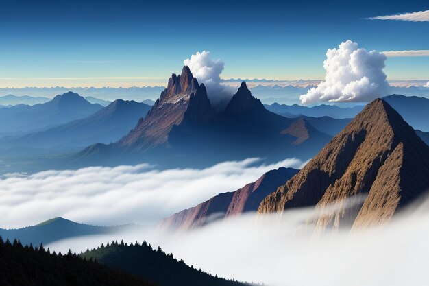 Mountain peaks under blue sky and white clouds natural scenery wallpaper background photography