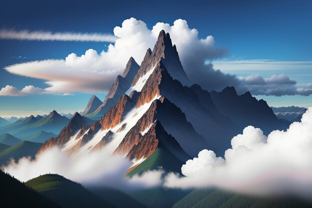 Photo mountain peaks under blue sky and white clouds natural scenery wallpaper background photography