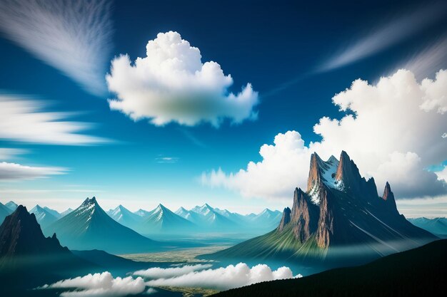 Mountain peaks under blue sky and white clouds natural scenery wallpaper background photography