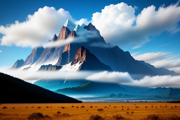 Mountain peaks under blue sky and white clouds natural scenery wallpaper background photography