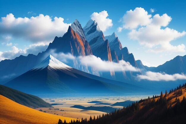 Photo mountain peaks under blue sky and white clouds natural scenery wallpaper background photography