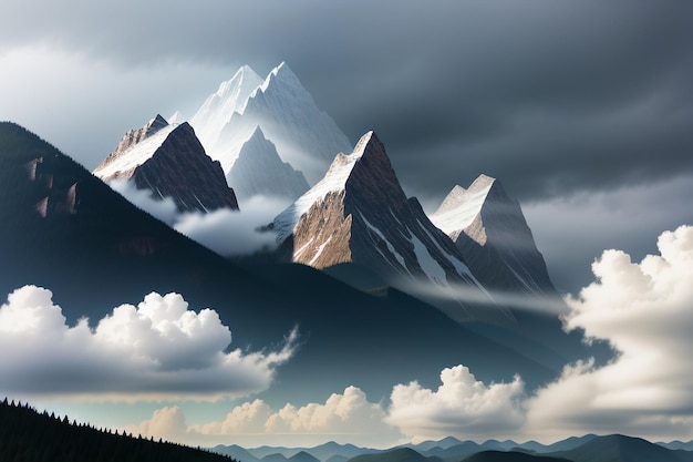 Mountain peaks under blue sky and white clouds natural scenery wallpaper background photography