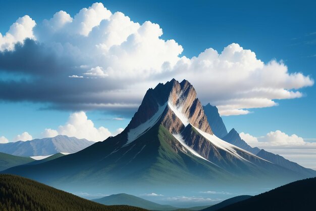 Photo mountain peaks under blue sky and white clouds natural scenery wallpaper background photography