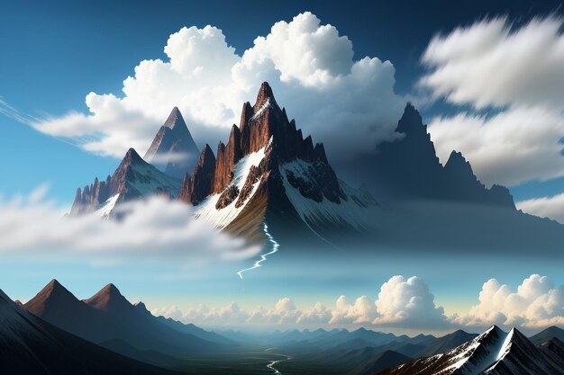 青い空と白い雲の下の山の峰自然の風景の壁紙の背景写真