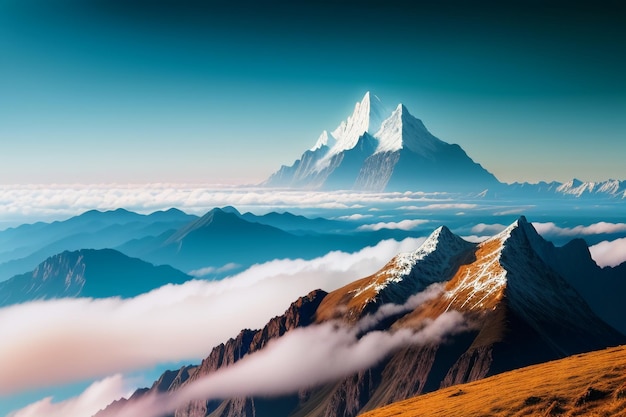 Mountain peaks under blue sky and white clouds natural scenery wallpaper background photography