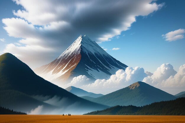 Mountain peaks under blue sky and white clouds natural scenery wallpaper background photography