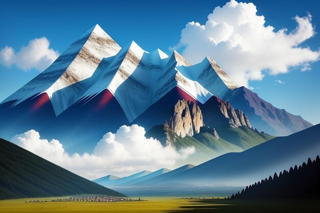 Mountain peaks under blue sky and white clouds natural scenery wallpaper background photography