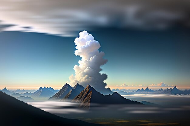 青い空と白い雲の下の山の峰自然の風景の壁紙の背景写真