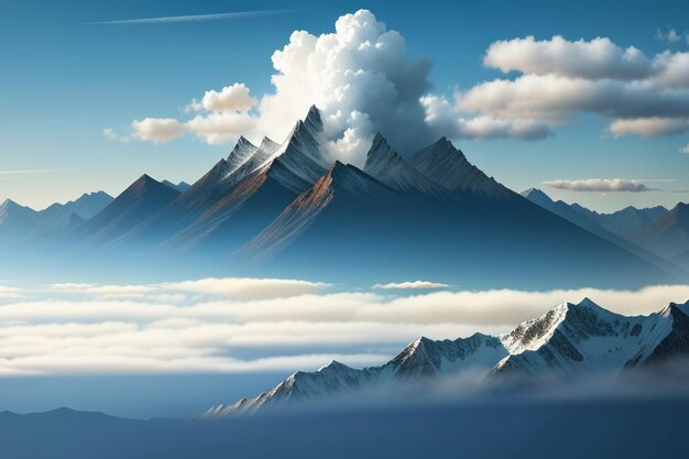 青い空と白い雲の下の山の峰自然の風景の壁紙の背景写真