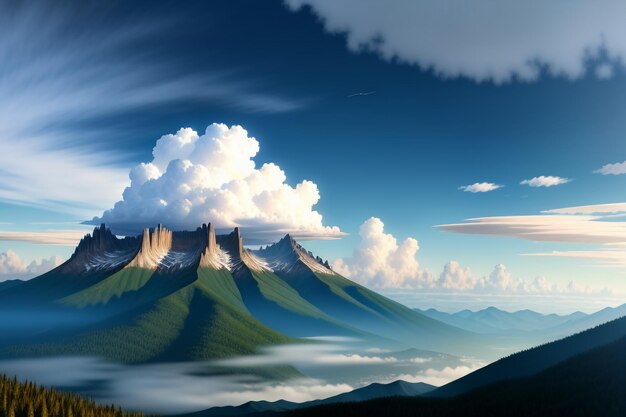 Mountain peaks under blue sky and white clouds natural scenery wallpaper background photography