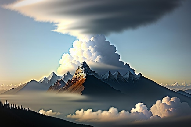 青い空と白い雲の下の山の峰自然の風景の壁紙の背景写真