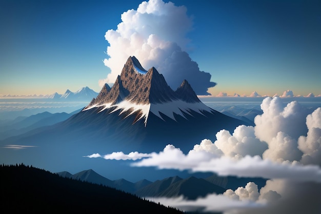 青い空と白い雲の下の山の峰自然の風景の壁紙の背景写真