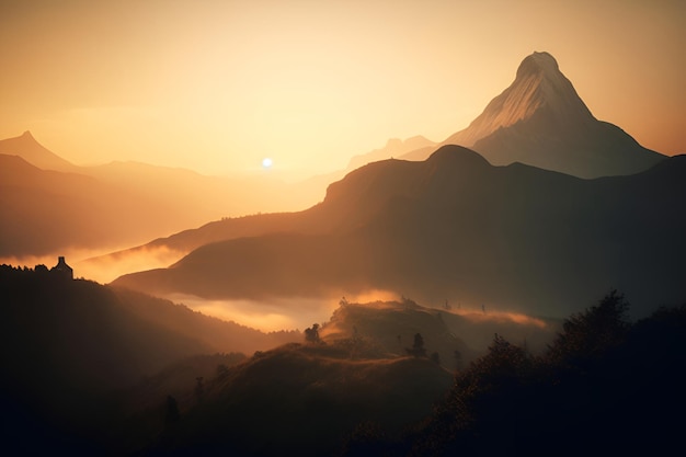 Mountain peaks in clouds and fog at sunset