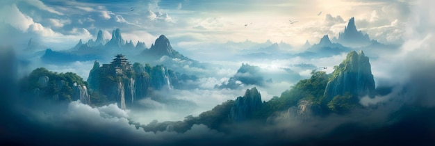 mountain peaks crowned with ancient temples shrouded in mist and surrounded by an aura of mystical energy