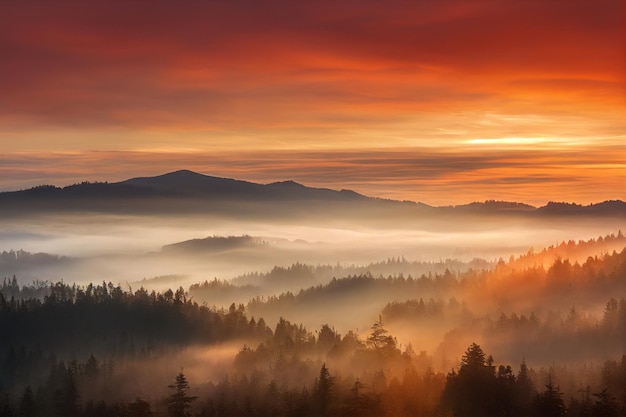 Mountain peaks peek out from thick fog and misty forest