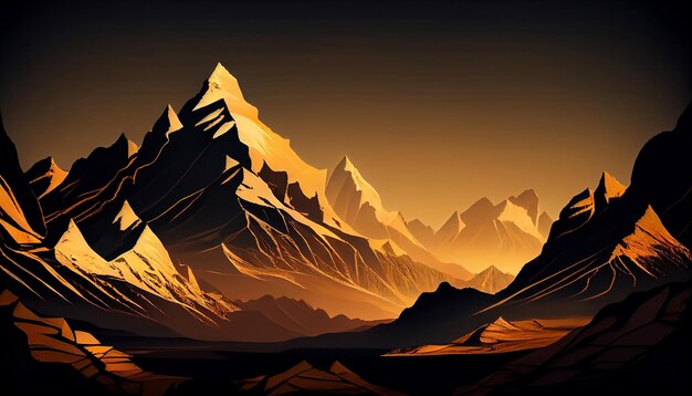 A mountain peaks at sunrise with a golden glow illuminating the mountain peaks and surrounding landscape generative ai illustration