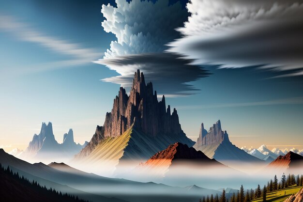 사진 푸른 하늘과  구름 아래의 산꼭대기 자연 풍경 벽지 배경 사진