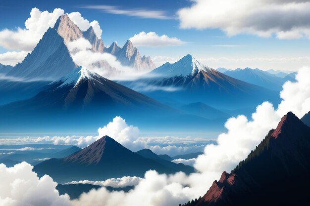 写真 青い空と白い雲の下の山の峰自然の風景の壁紙の背景写真