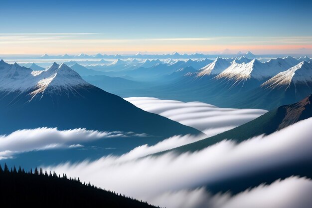 写真 青い空と白い雲の下の山の峰自然の風景の壁紙の背景写真