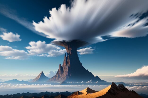 写真 青い空と白い雲の下の山の峰自然の風景の壁紙の背景写真