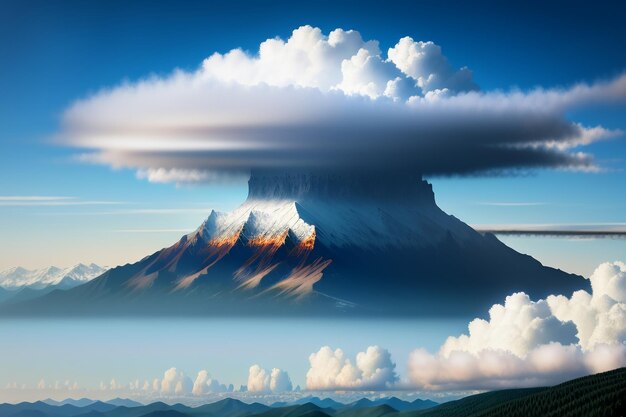 写真 青い空と白い雲の下の山の峰自然の風景の壁紙の背景写真